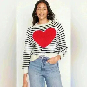 Cropped  Crew-Neck Sweater Navy Stripes/Red Heart size M